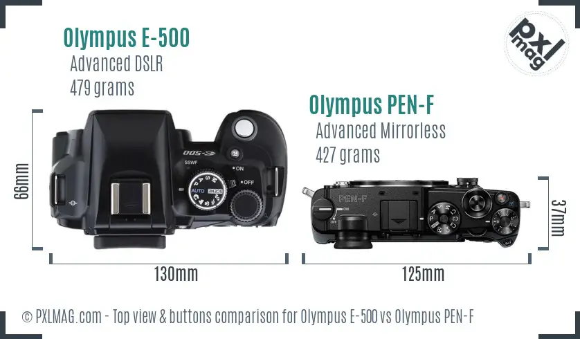 Olympus E-500 vs Olympus PEN-F top view buttons comparison