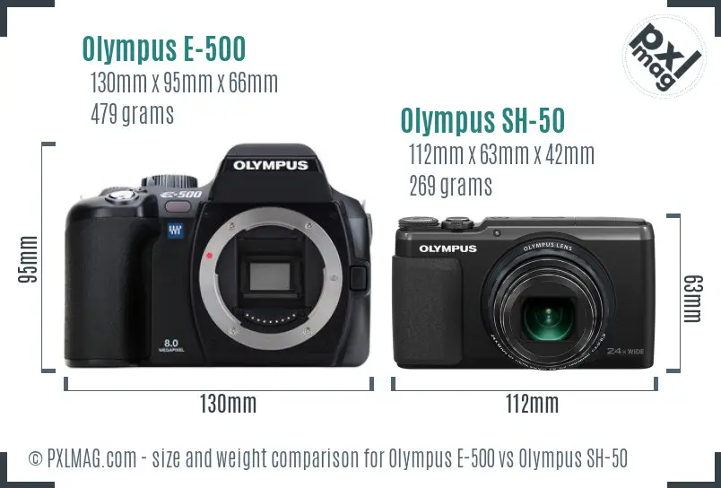 Olympus E-500 vs Olympus SH-50 size comparison