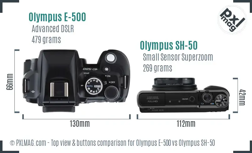 Olympus E-500 vs Olympus SH-50 top view buttons comparison