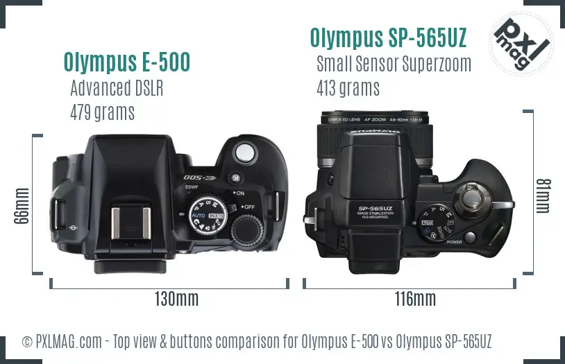 Olympus E-500 vs Olympus SP-565UZ top view buttons comparison