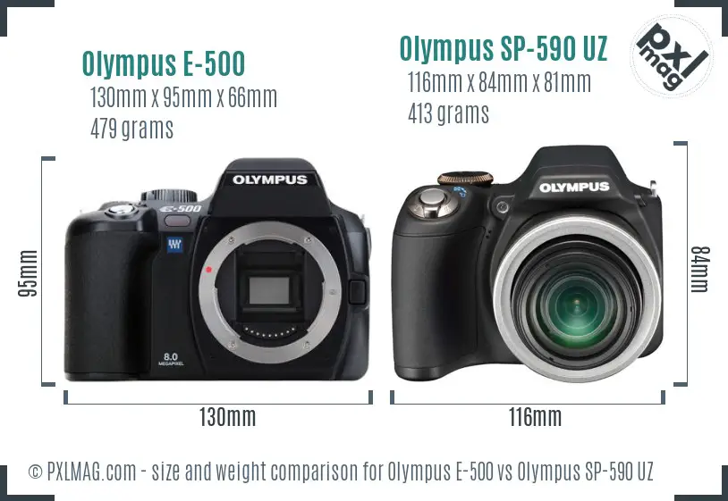 Olympus E-500 vs Olympus SP-590 UZ size comparison