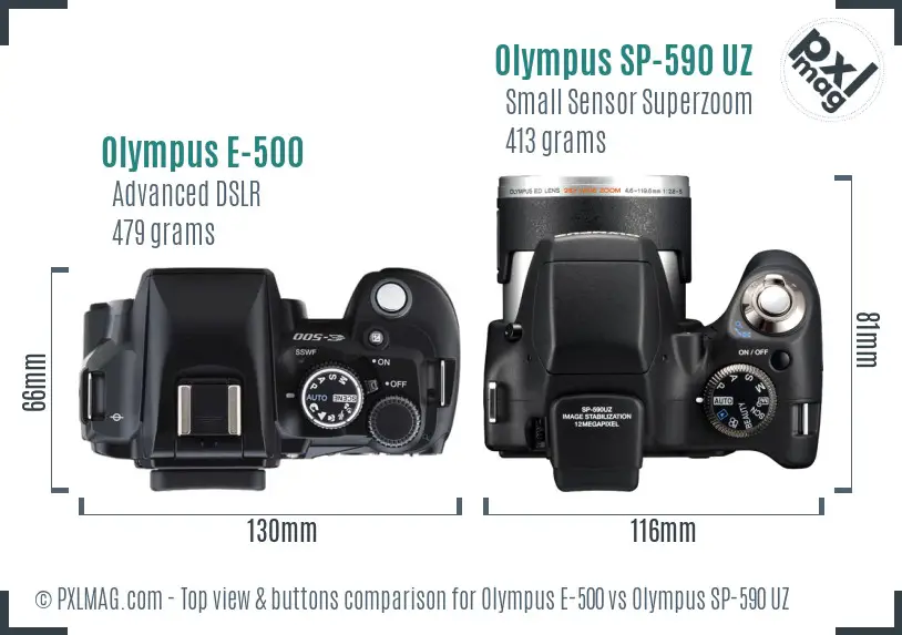 Olympus E-500 vs Olympus SP-590 UZ top view buttons comparison