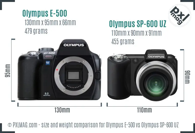 Olympus E-500 vs Olympus SP-600 UZ size comparison