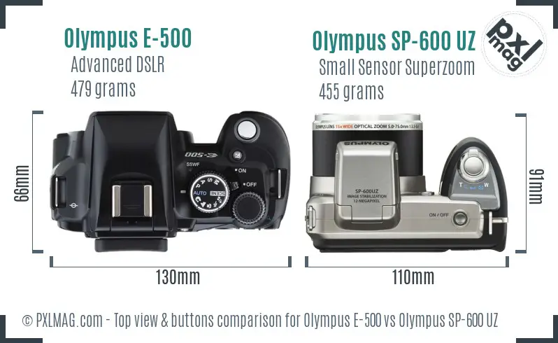 Olympus E-500 vs Olympus SP-600 UZ top view buttons comparison