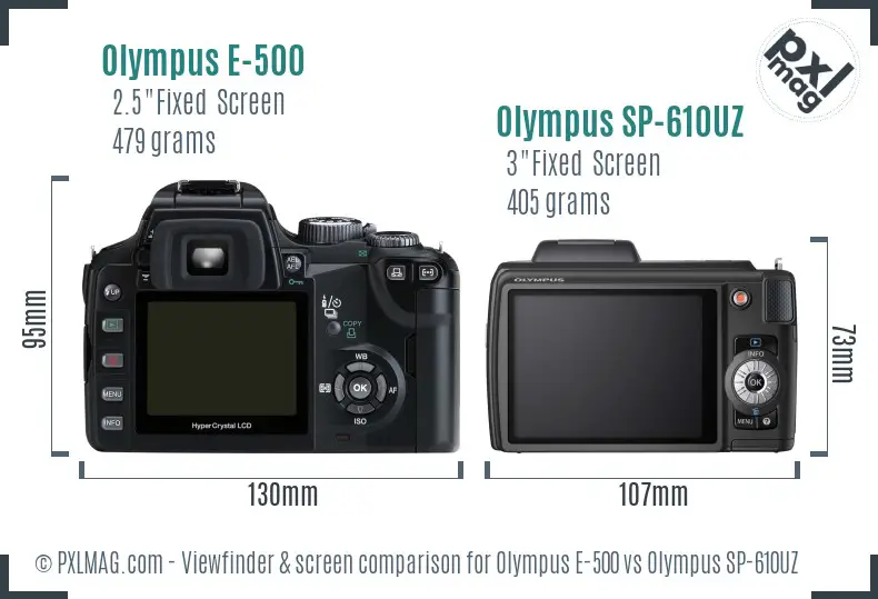 Olympus E-500 vs Olympus SP-610UZ Screen and Viewfinder comparison