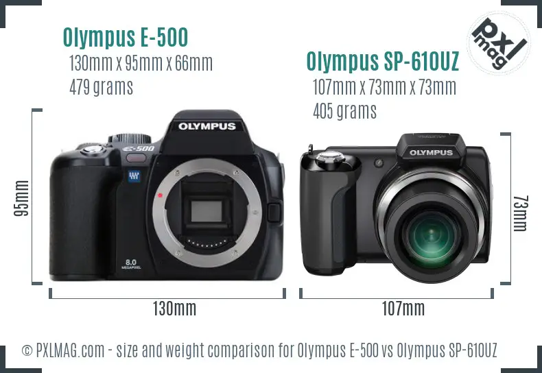 Olympus E-500 vs Olympus SP-610UZ size comparison
