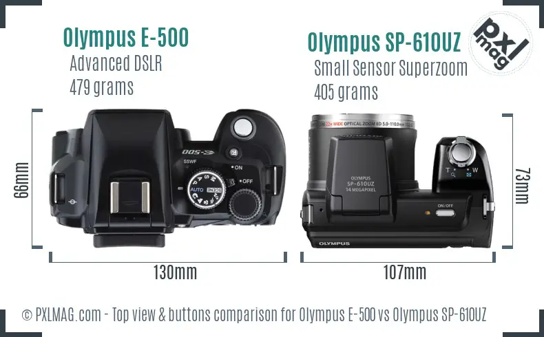 Olympus E-500 vs Olympus SP-610UZ top view buttons comparison