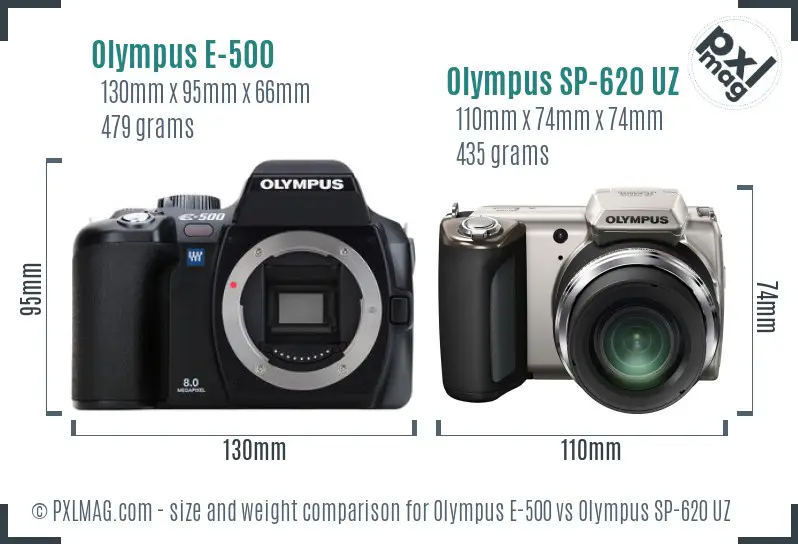 Olympus E-500 vs Olympus SP-620 UZ size comparison