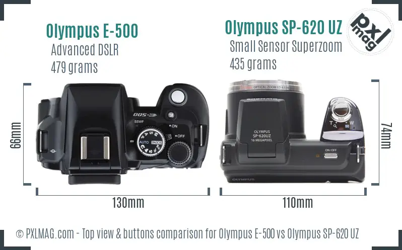 Olympus E-500 vs Olympus SP-620 UZ top view buttons comparison