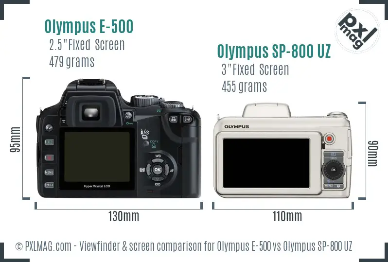 Olympus E-500 vs Olympus SP-800 UZ Screen and Viewfinder comparison