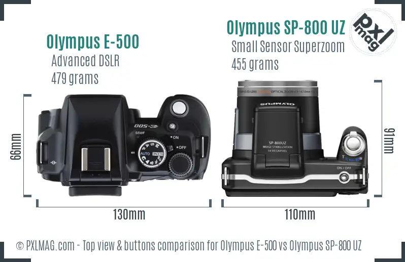 Olympus E-500 vs Olympus SP-800 UZ top view buttons comparison