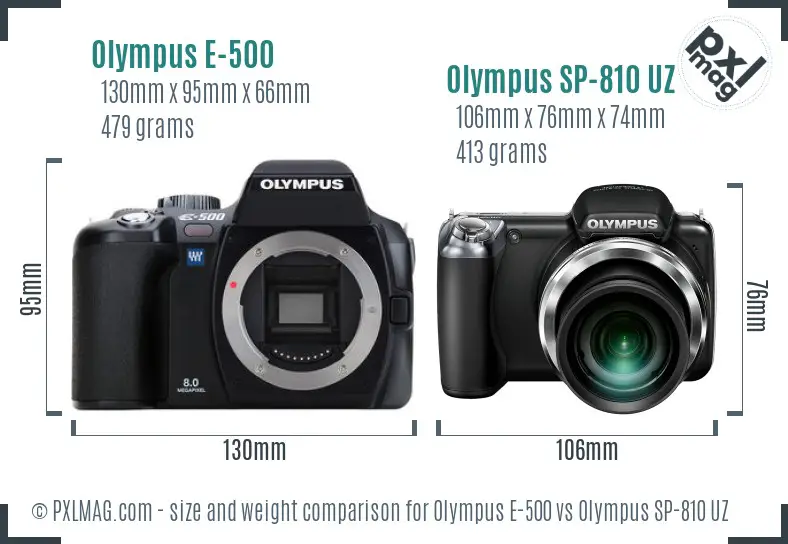 Olympus E-500 vs Olympus SP-810 UZ size comparison