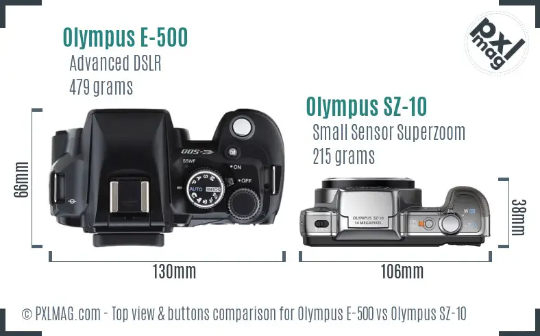 Olympus E-500 vs Olympus SZ-10 top view buttons comparison