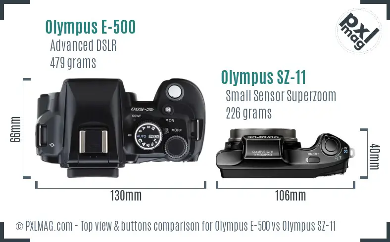 Olympus E-500 vs Olympus SZ-11 top view buttons comparison
