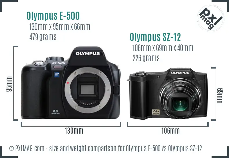 Olympus E-500 vs Olympus SZ-12 size comparison