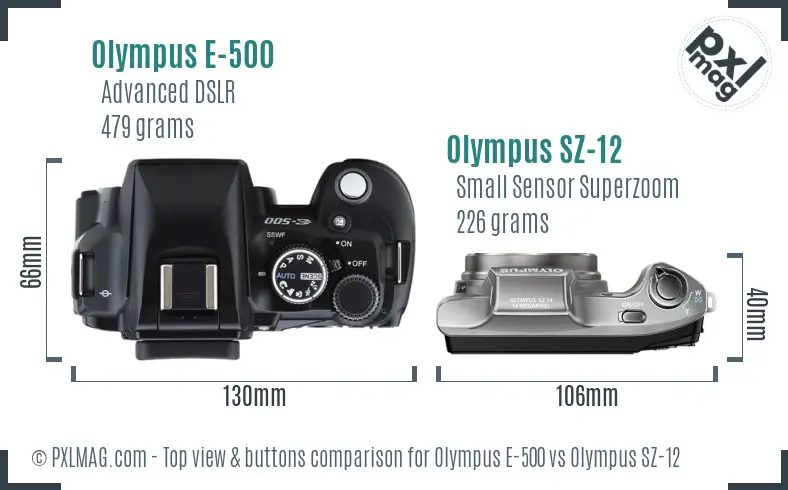 Olympus E-500 vs Olympus SZ-12 top view buttons comparison