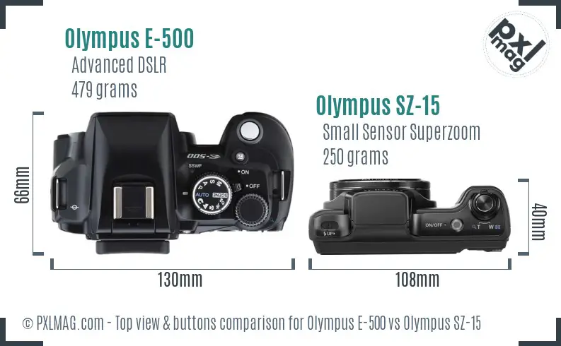 Olympus E-500 vs Olympus SZ-15 top view buttons comparison