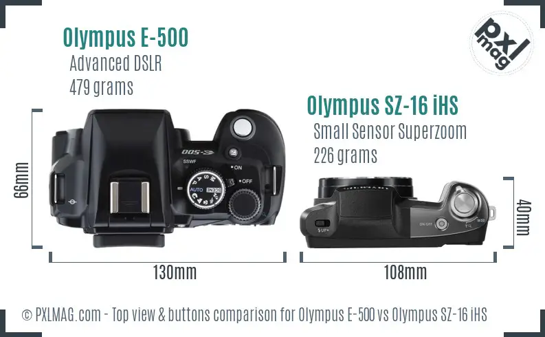 Olympus E-500 vs Olympus SZ-16 iHS top view buttons comparison