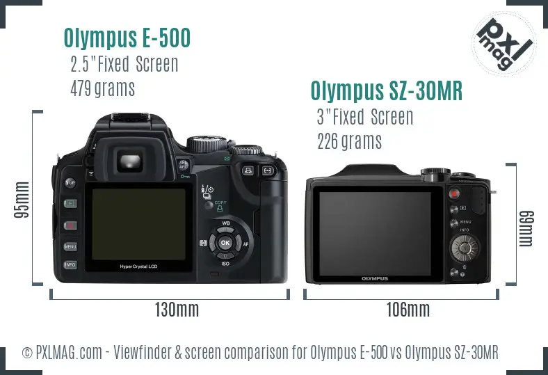 Olympus E-500 vs Olympus SZ-30MR Screen and Viewfinder comparison