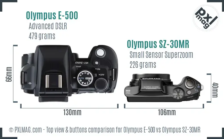 Olympus E-500 vs Olympus SZ-30MR top view buttons comparison
