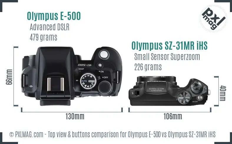Olympus E-500 vs Olympus SZ-31MR iHS top view buttons comparison
