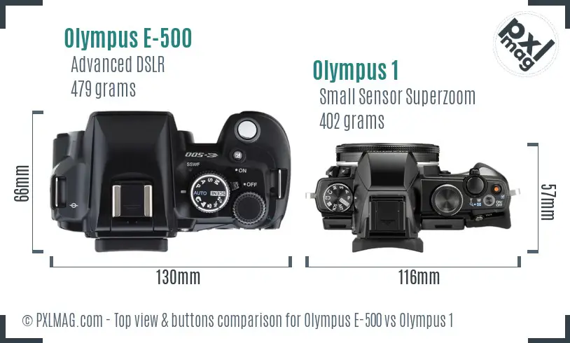 Olympus E-500 vs Olympus 1 top view buttons comparison