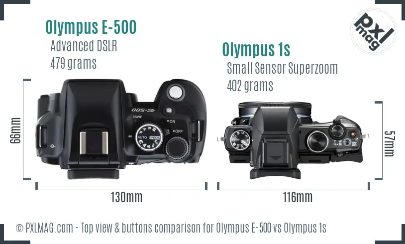 Olympus E-500 vs Olympus 1s top view buttons comparison