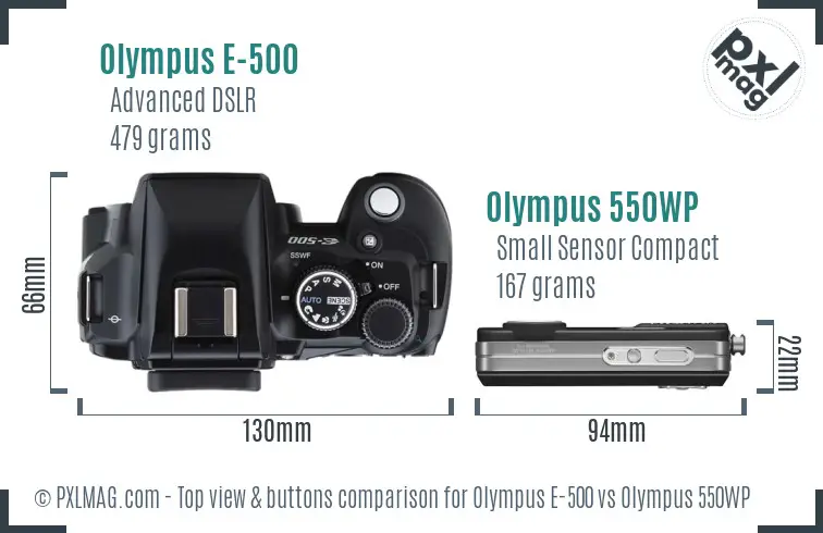 Olympus E-500 vs Olympus 550WP top view buttons comparison
