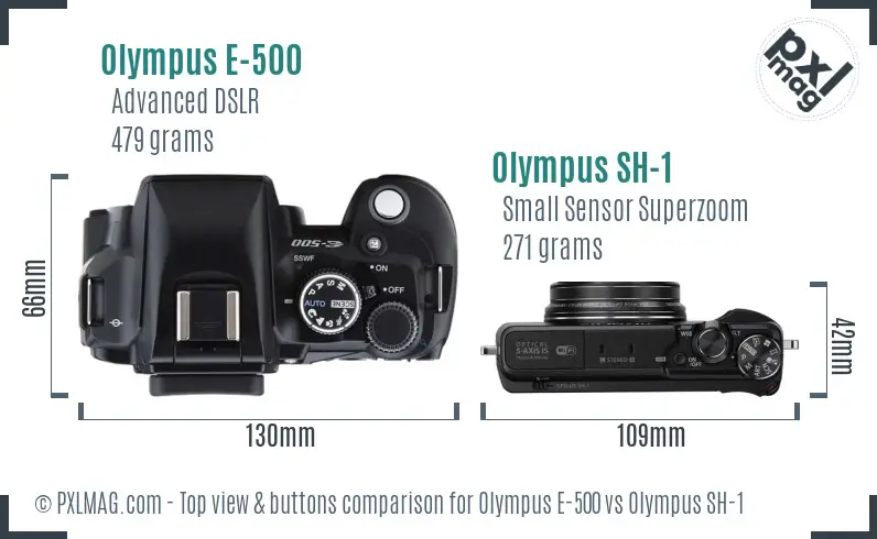 Olympus E-500 vs Olympus SH-1 top view buttons comparison