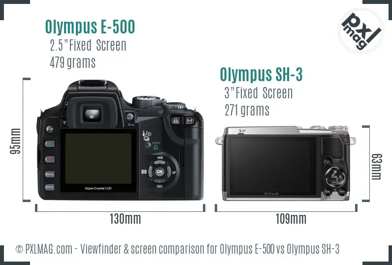Olympus E-500 vs Olympus SH-3 Screen and Viewfinder comparison