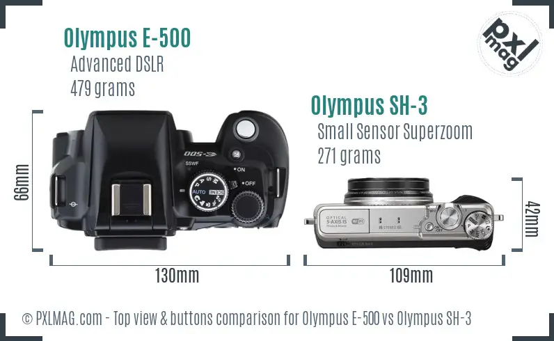 Olympus E-500 vs Olympus SH-3 top view buttons comparison