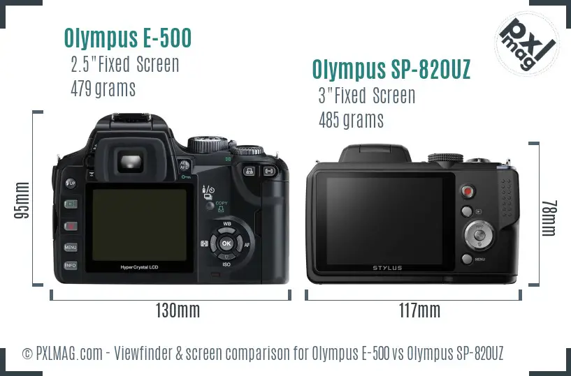Olympus E-500 vs Olympus SP-820UZ Screen and Viewfinder comparison