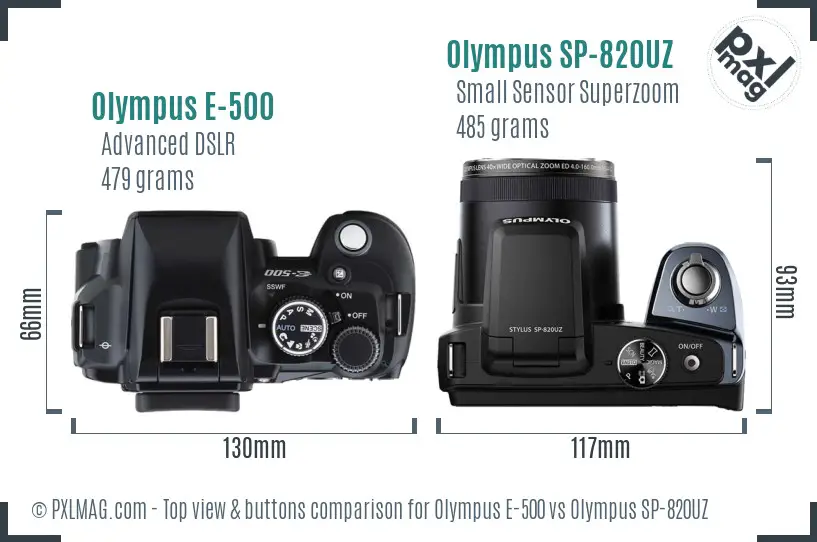 Olympus E-500 vs Olympus SP-820UZ top view buttons comparison
