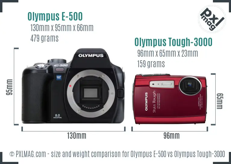 Olympus E-500 vs Olympus Tough-3000 size comparison