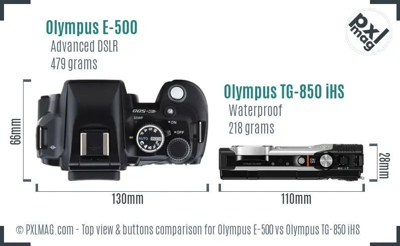 Olympus E-500 vs Olympus TG-850 iHS top view buttons comparison