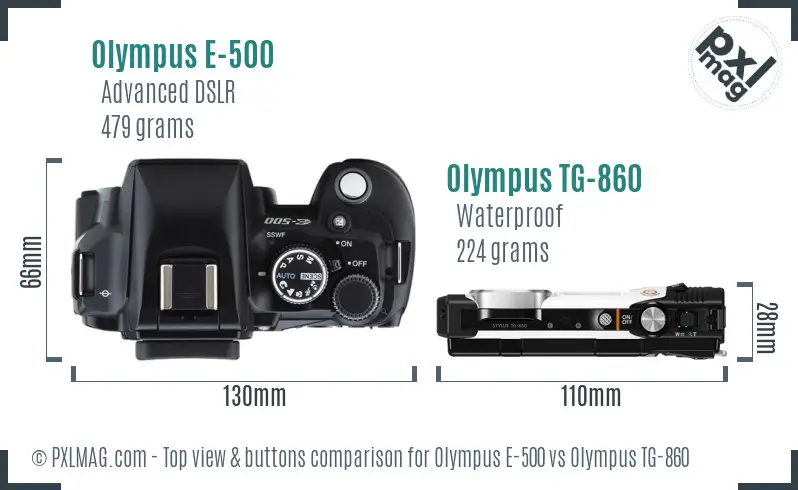 Olympus E-500 vs Olympus TG-860 top view buttons comparison