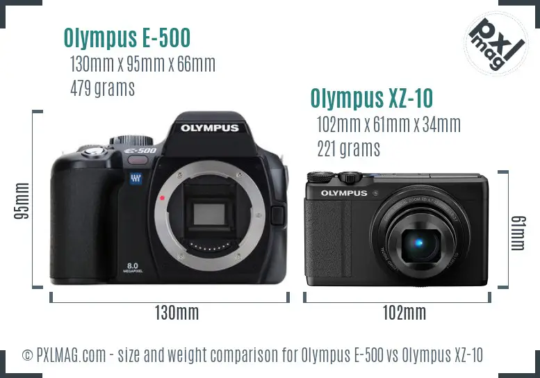 Olympus E-500 vs Olympus XZ-10 size comparison