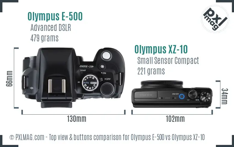 Olympus E-500 vs Olympus XZ-10 top view buttons comparison