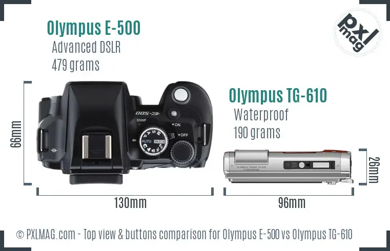 Olympus E-500 vs Olympus TG-610 top view buttons comparison