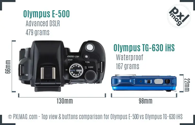Olympus E-500 vs Olympus TG-630 iHS top view buttons comparison