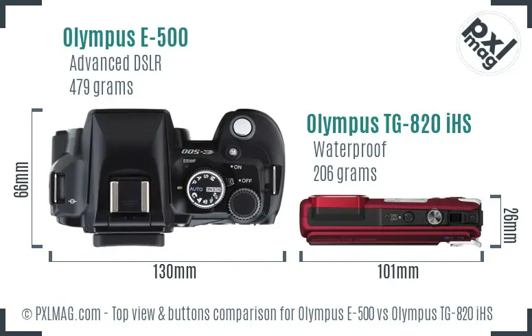 Olympus E-500 vs Olympus TG-820 iHS top view buttons comparison