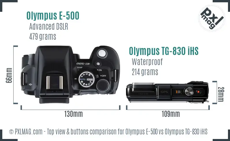 Olympus E-500 vs Olympus TG-830 iHS top view buttons comparison