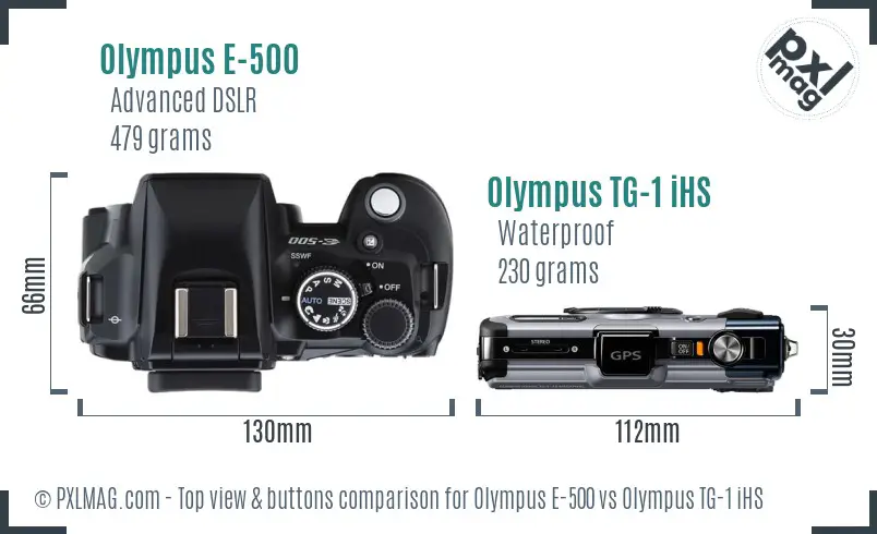 Olympus E-500 vs Olympus TG-1 iHS top view buttons comparison