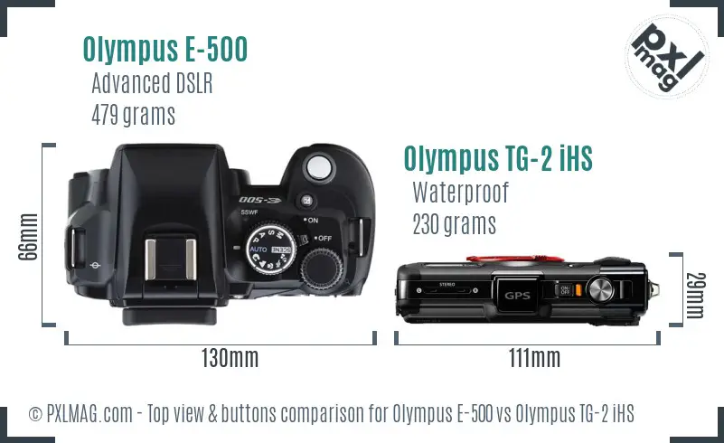 Olympus E-500 vs Olympus TG-2 iHS top view buttons comparison