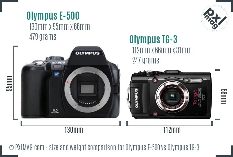 Olympus E-500 vs Olympus TG-3 size comparison