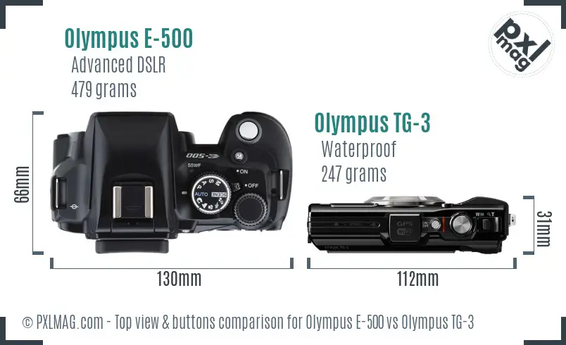 Olympus E-500 vs Olympus TG-3 top view buttons comparison