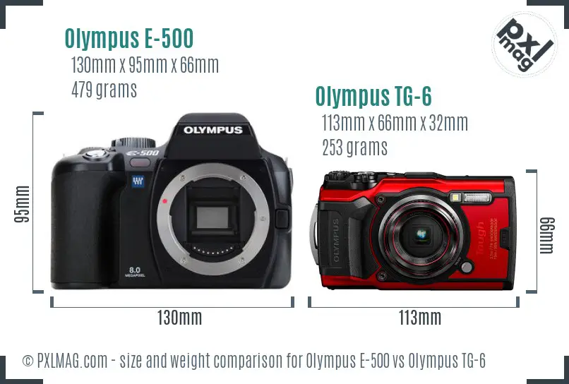 Olympus E-500 vs Olympus TG-6 size comparison