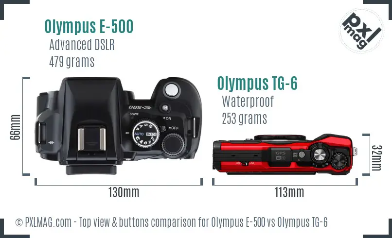 Olympus E-500 vs Olympus TG-6 top view buttons comparison
