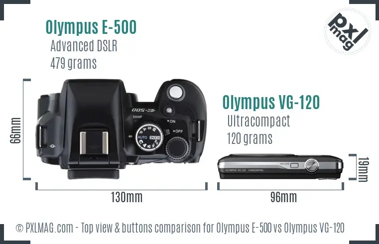 Olympus E-500 vs Olympus VG-120 top view buttons comparison