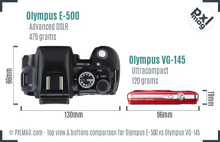 Olympus E-500 vs Olympus VG-145 top view buttons comparison